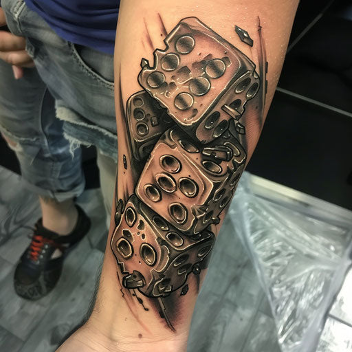 Dice tattoo with mechanical elements, in the style of Adrian Smith