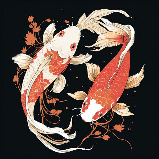 Two orange koi fish in black and white, light maroon and red style
