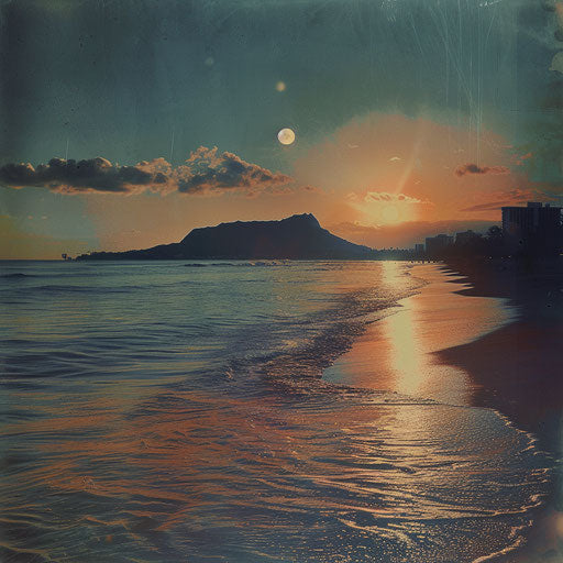 Waikiki with calm waves and a stunning sunset