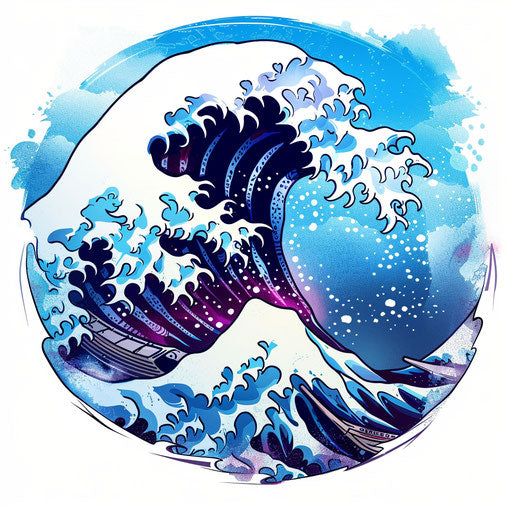 Japanese wave tattoo sketch with vibrant colors