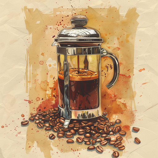 Artistic sketch of coffee beans around a French press, earth tones