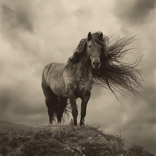 Wild horse standing majestically on a windy hilltop