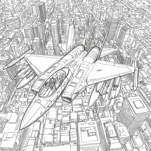 Fighter jet over a detailed urban skyline