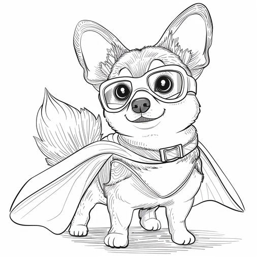A whimsical cartoon corgi wearing a superhero cape and mask