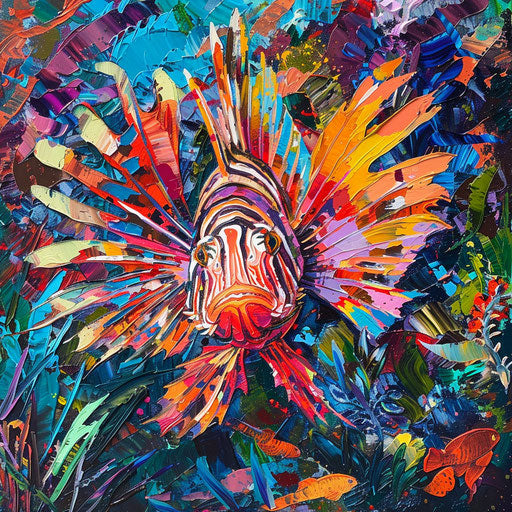 Venomous lion amidst vibrant, colorful seaweed, Paul Souders style