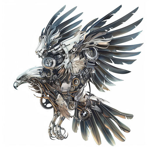 Cyborg eagle mechanical tattoo design with metallic feathers and gears, dynamic pose, on a white background