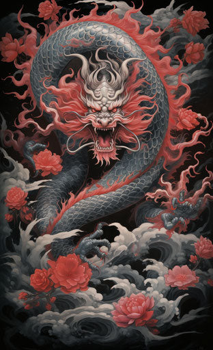 Japanese dragon and fire illustration in dark silver and light red style, Qing dynasty 14:23