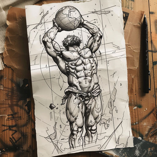 Black and grey tattoo sketch of Hercules holding up the world