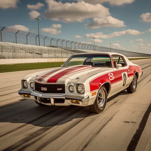 Vintage racing Malibu Classic 1976, with number decals and racing stripes, on a historic race track