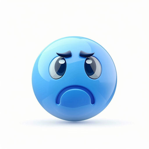 Sad blue sphere emoticon on white background