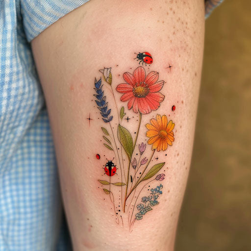 Wildflower tattoo with ladybug and vibrant flowers