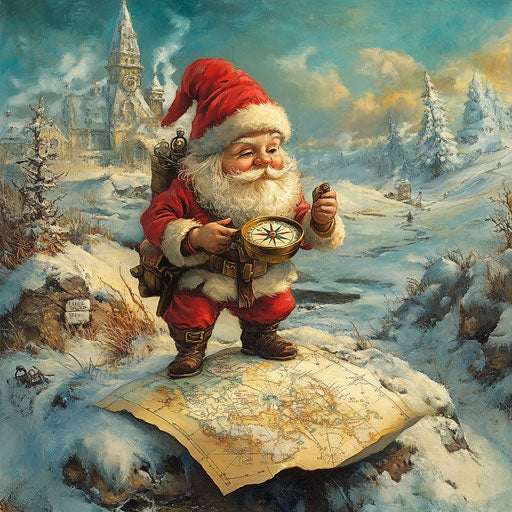 Gnome explorer mapping the North Pole, his compass pointing to Santa's workshop
