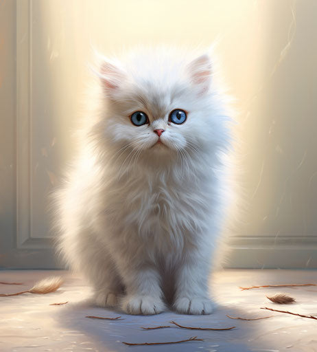 Fluffy white Persian kitten on light maroon and indigo carpet