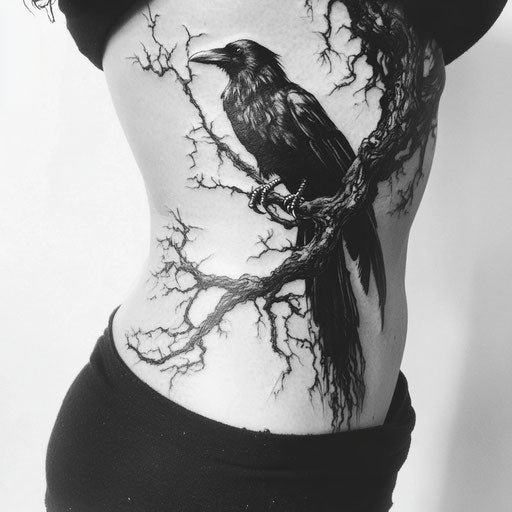 Side tattoos for women with a gothic raven perched on a twisted tree