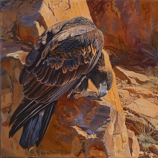 Eagle grooming feathers on sunlit boulder