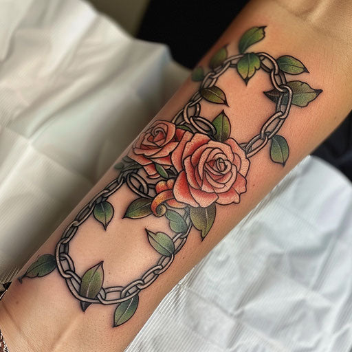 Floral chain tattoo intertwining with roses and leaves, soft pastels, on white backdrop