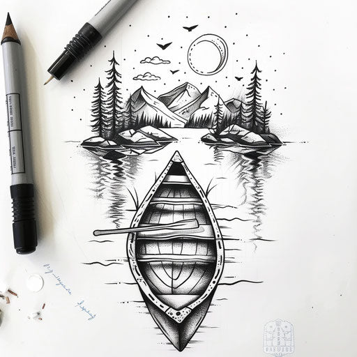 Nature-inspired flat tattoo sketch of a canoe floating on a serene river