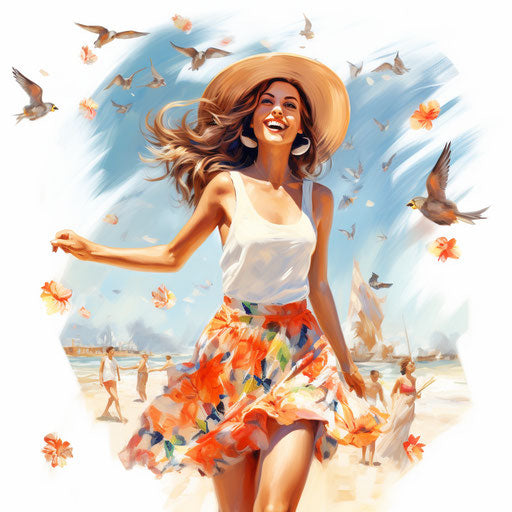 Summer art in oil painting style on white background