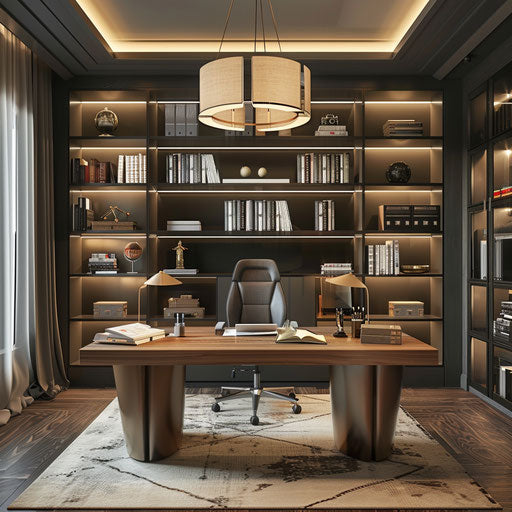 Stylish home office with large desk and bookshelves