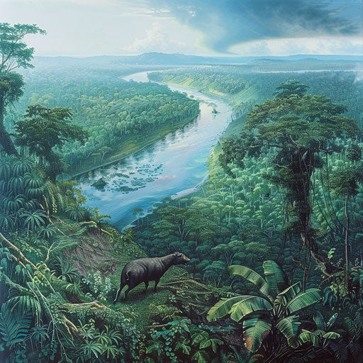 Tapir emerging in rainforest with winding river