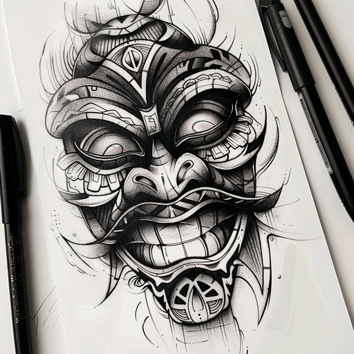 Bold sketch of a neo tribal face mask with dramatic features