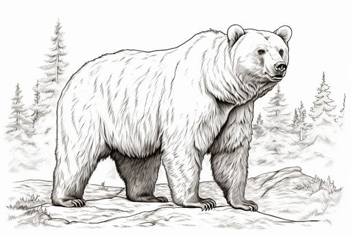 Grizzly bear coloring pages, realistic perspective, parodic