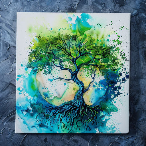 Vibrant watercolor tree of life with vivid greens and blues