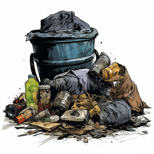 Illustration of garbage in the style of Chiaroscuro Art, on white background