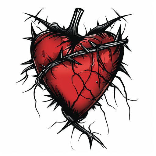 Morbid sketch of a heart with thorns in simple black and red clipart