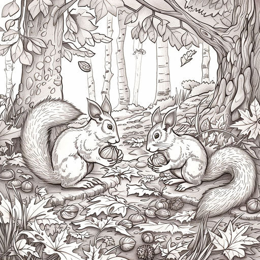 Busy fall forest with playful squirrels gathering nuts