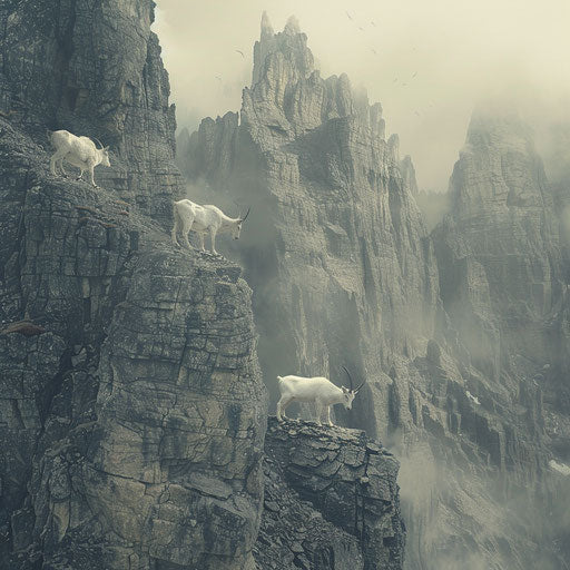 Mountain goats in a surreal, misty mountain range