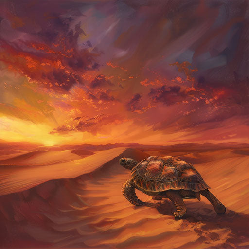 Turtle crossing sandy desert at sunset