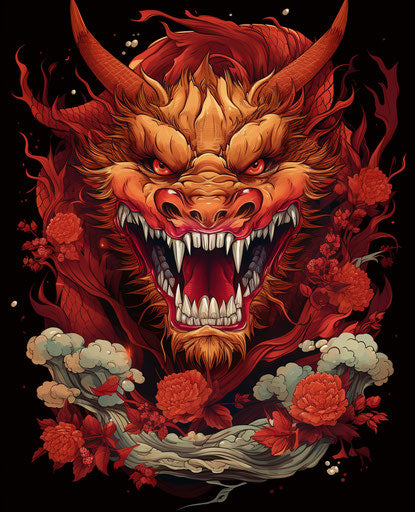 The red dragon with its teeth, in the style of alchemical symbolism
