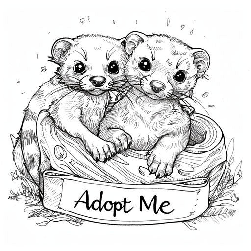 A cute pair of ferrets playing with an 'Adopt Me' banner. Coloring book page
