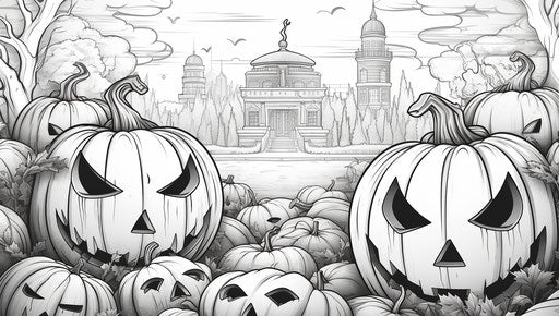 Halloween coloring pages with pumpkins and jack olanterns, lush landscape style