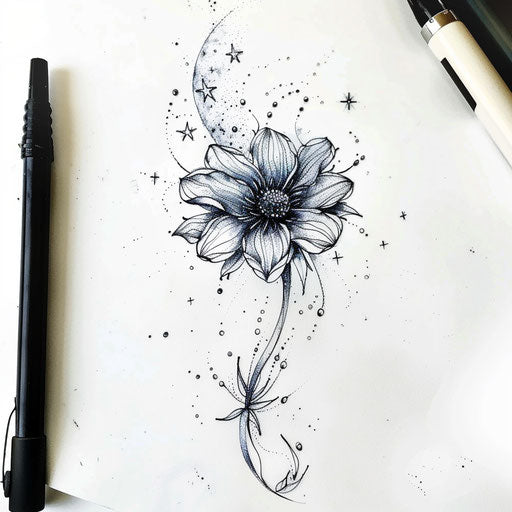 Cosmic tattoo sketch of an aster flower with stars and galaxy patterns in deep blues