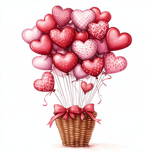 Heart-shaped balloon bouquet, red and pink, clipart style