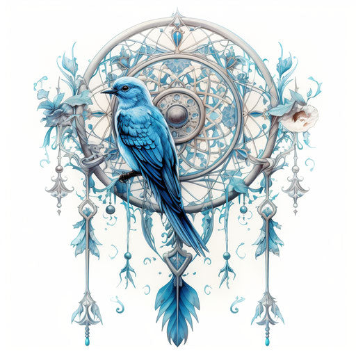 Bird on dream catcher, colorful classic tattoo style