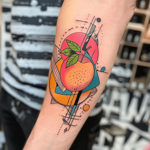 Modern flat tattoo sketch of a peach with geometric shapes