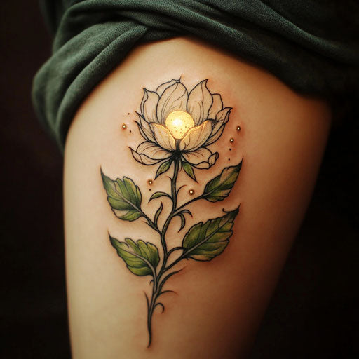 Simple flower tattoos with a glowing moonflower, in the style of Peter Jackson
