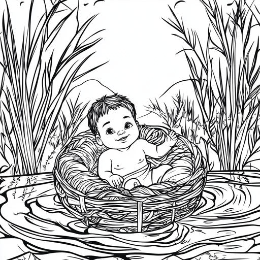 Moses baby in the basket on the Nile, Jen Bartel style, coloring page