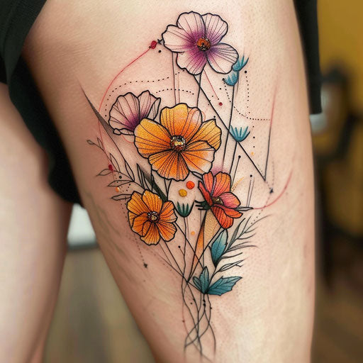 Contemporary flat tattoo sketch of a cosmos flower cluster