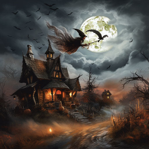 Witch on a broom flying in front of a full moon and a scary house