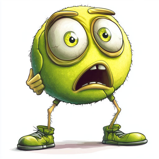 Humorous caricature of a tennis ball with human characteristics