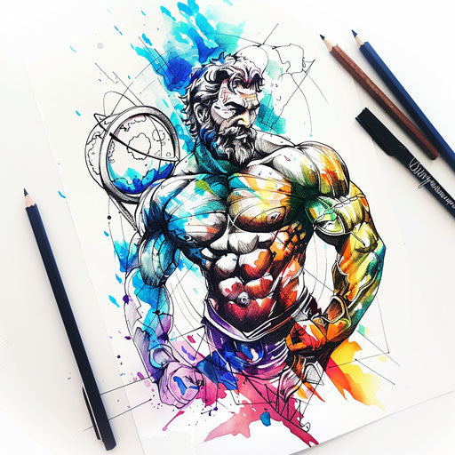 Tattoo sketch of Hercules with Atlas, showcasing the globe in vibrant colors, in a clear clipart style