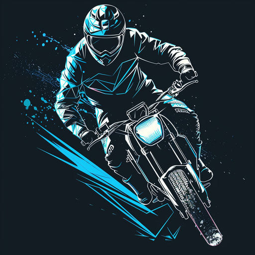 Modern flat tattoo sketch of biker with neon blue highlights