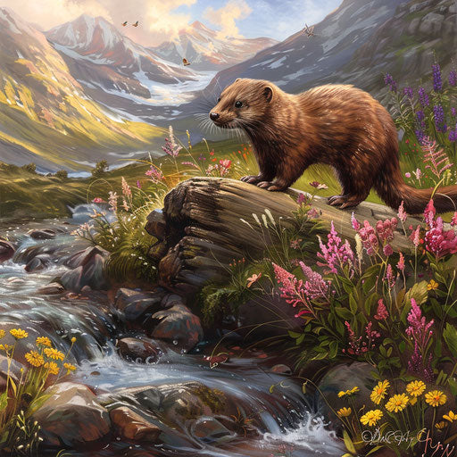 Wild mink on log over crystal-clear mountain stream