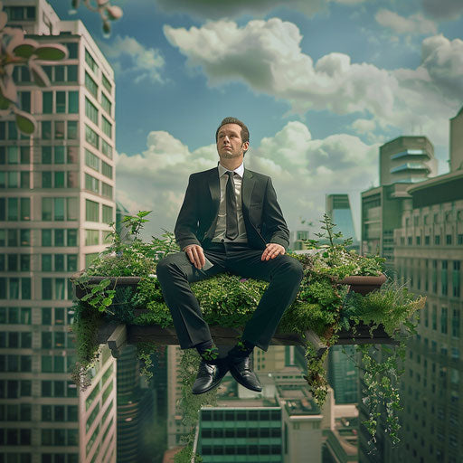 Business man on rooftop garden, breaking traditional mold