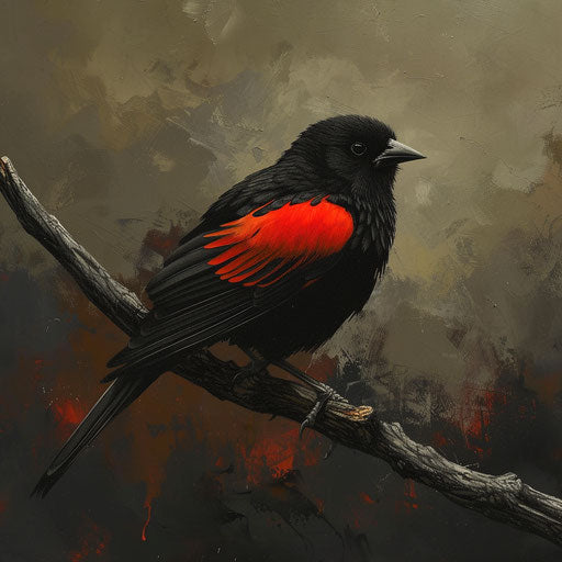 Black bird with red wings perched on a branch