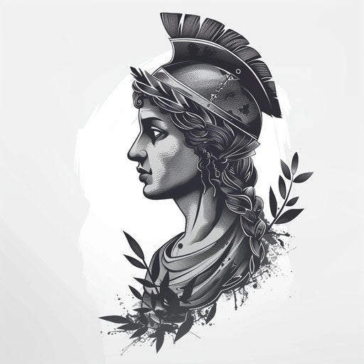 Monochrome illustration of Athena, goddess of wisdom, as a stunning Greek tattoo design against a stark white background.